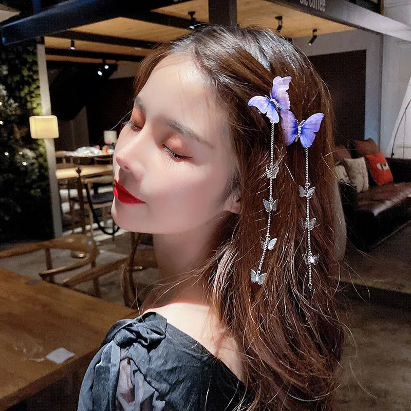 Butterfly Hairpins Korean Metal Tassel Long Hair Clips for Girl Vintage Side