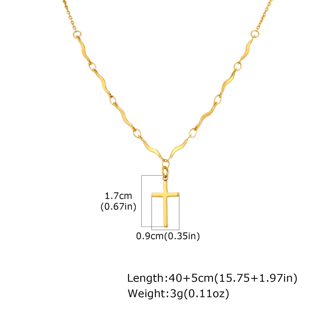 Stainless Steel Cross Pendant Necklace Non-fading Gold Plated Wave Chain Charm Necklace Jewelry