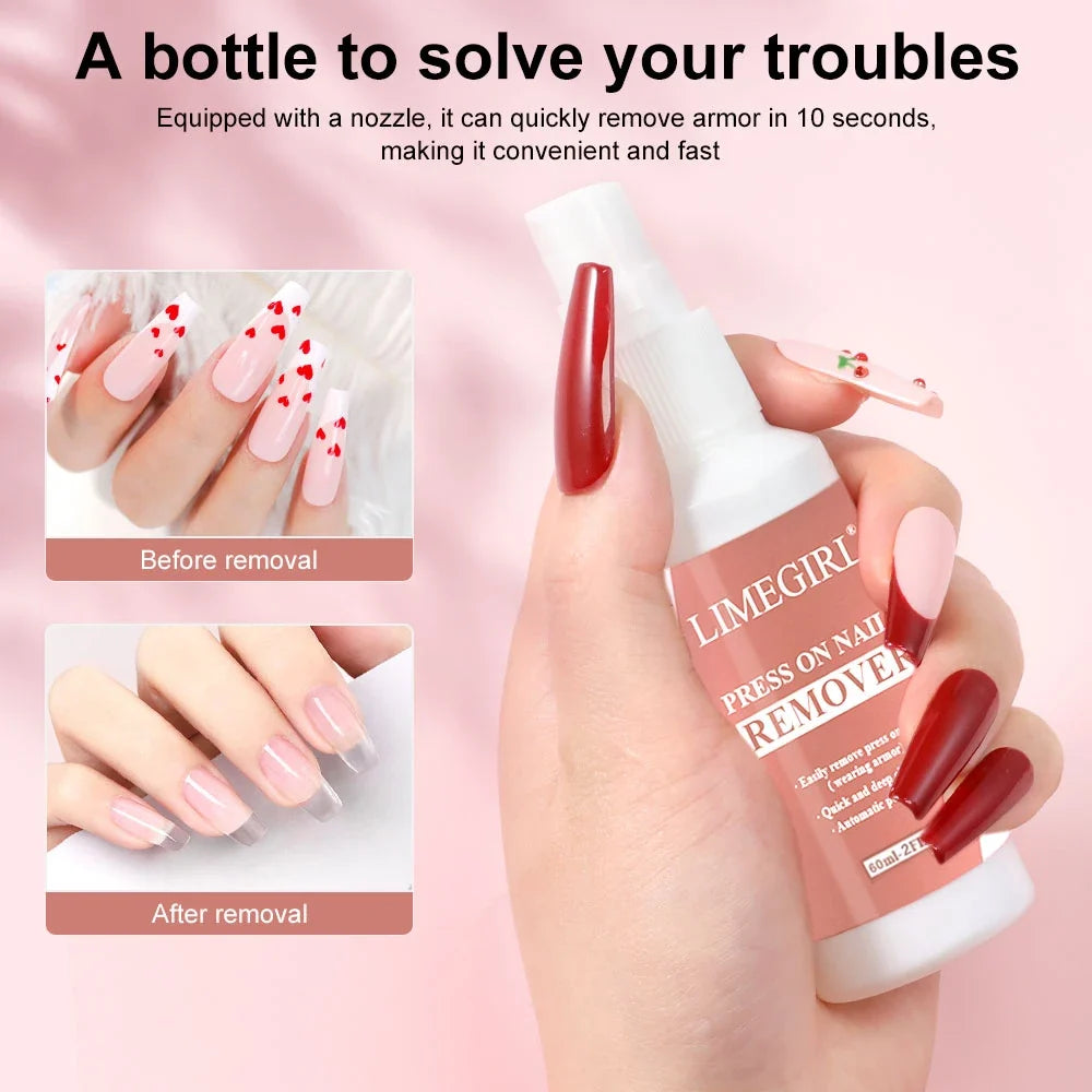 LIMEGIRL 60ml Nail Remover Gel Remover Nail Liquid Easy Soften Remove Fake Nails Solid Adhesive Press-On Nail Gel Remover Tool