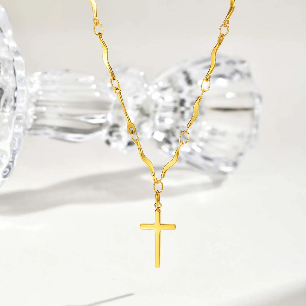 Stainless Steel Cross Pendant Necklace Non-fading Gold Plated Wave Chain Charm Necklace Jewelry
