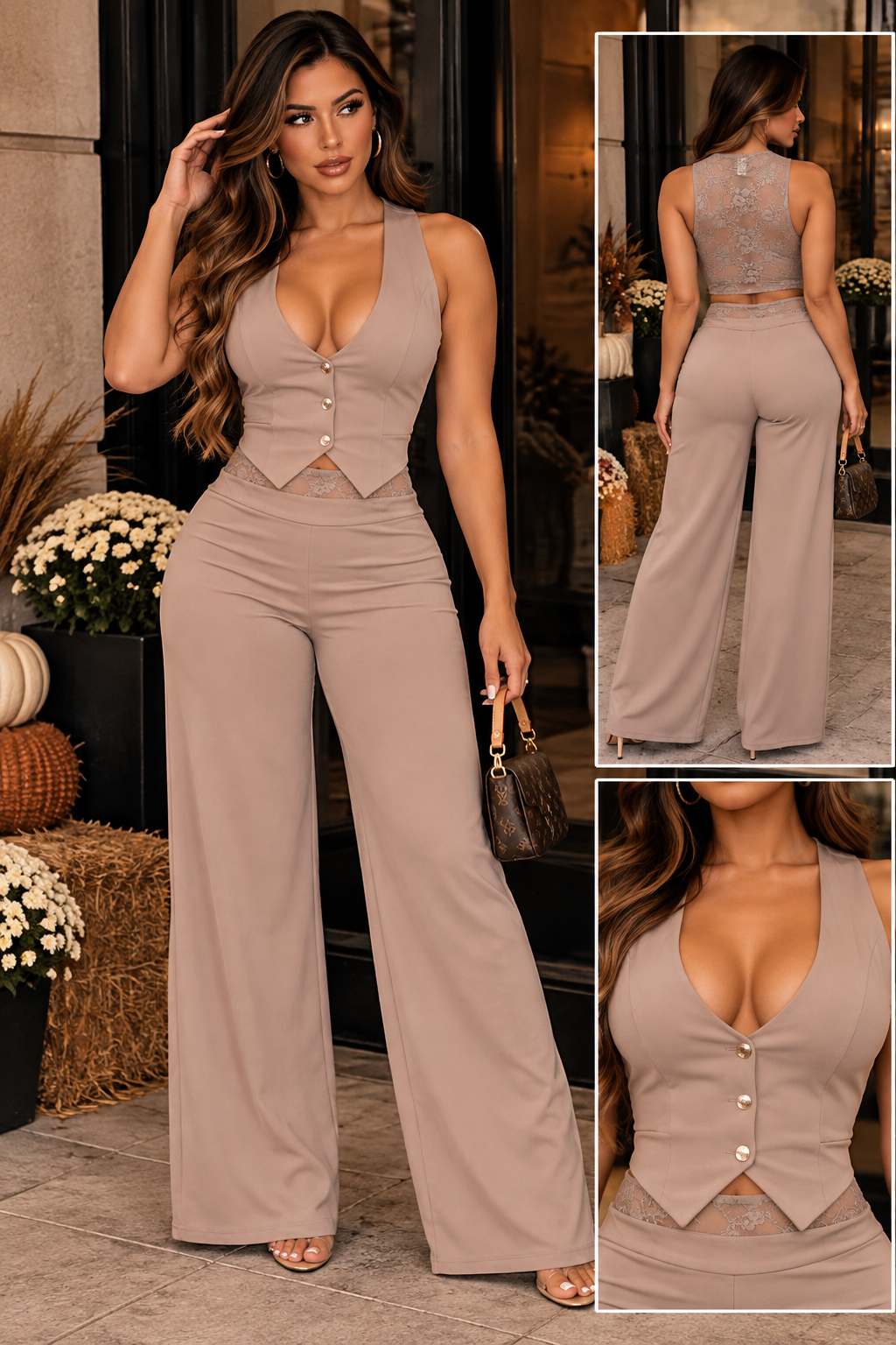 Grace Lace Vest and Pant Set – Mocha Nude