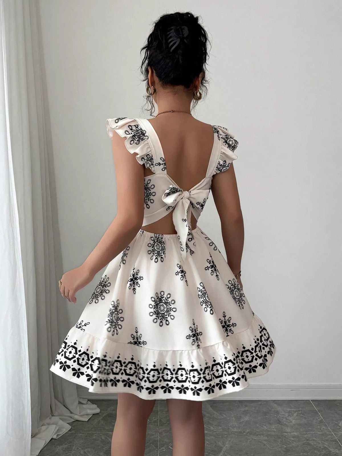 Printed Bow Back Square Neck Mini Dress