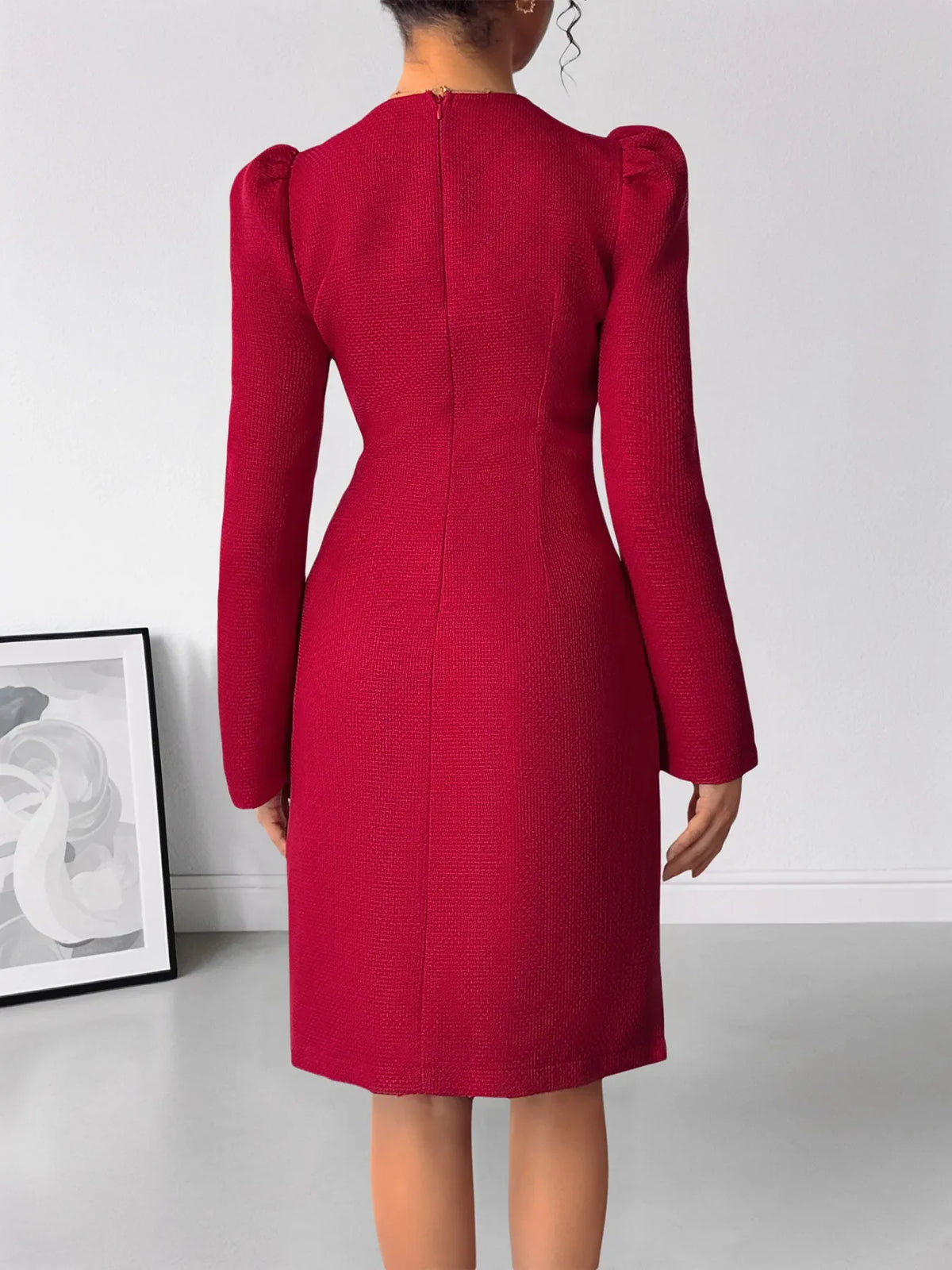 Pearl Trim V-Neck Long Sleeve Bodycon Dress