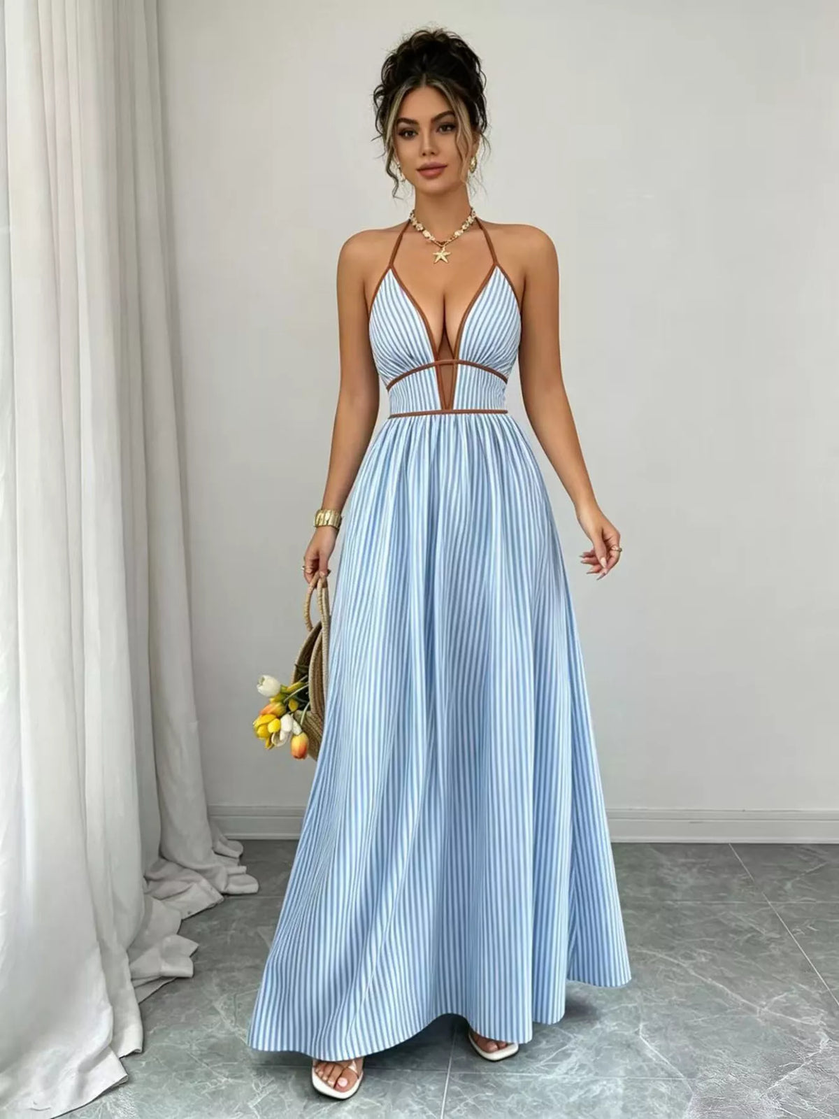Striped Halter Neck Maxi Dress