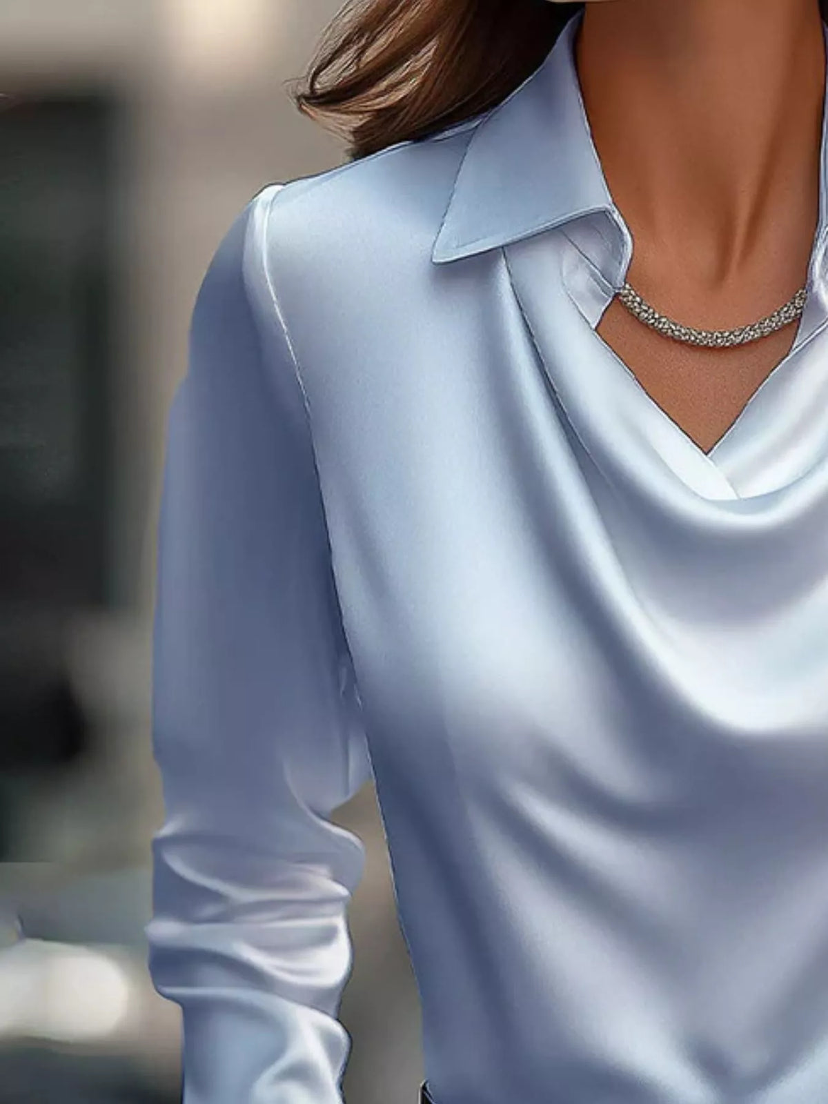 Ruched Long Sleeve Drape Collar Blouse