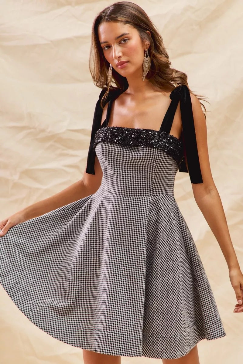 SO ME Houndstooth Fit Flare Mini Dress with Shoulder Tie