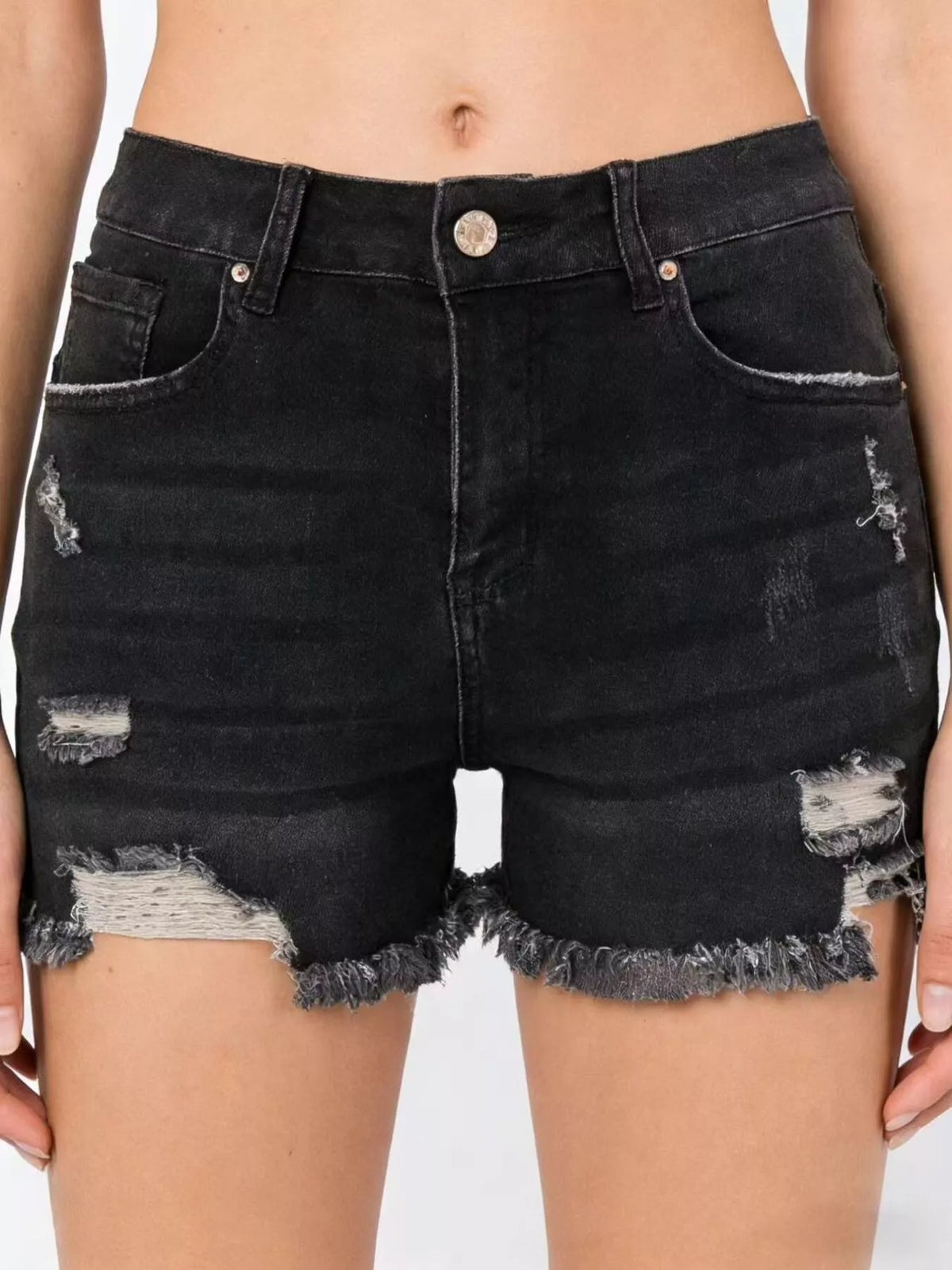 Distressed Frayed Hem Denim Shorts – Dark Blue / Sky Blue