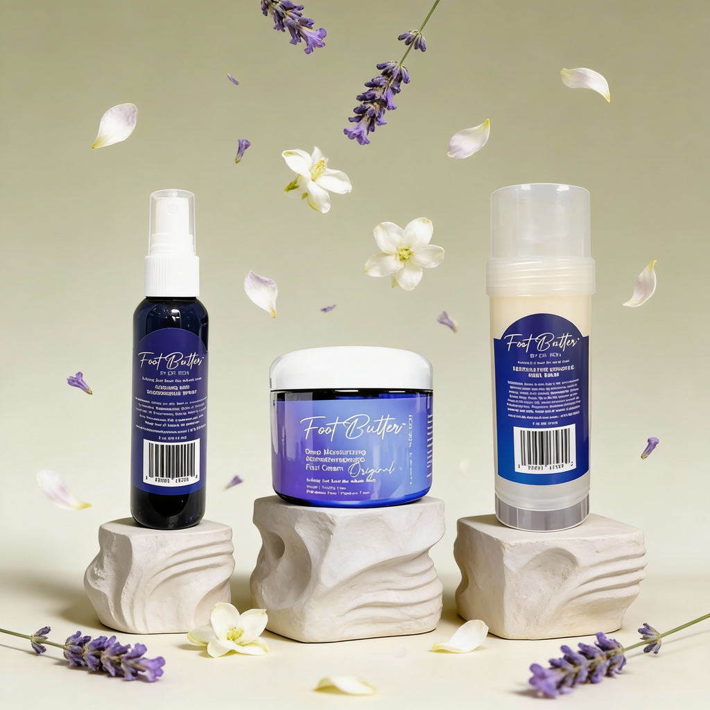 Foot Care Bundle – Lavender Jasmine Foot Butter, Cracked Heel Balm, Cooling Spray & Pumice Scrubber