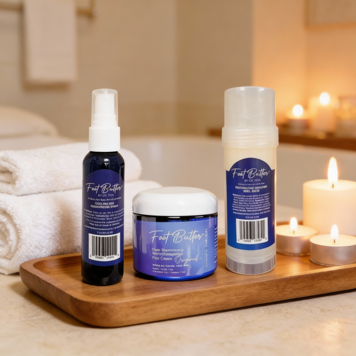 Foot Care Bundle – Lavender Jasmine Foot Butter, Cracked Heel Balm, Cooling Spray & Pumice Scrubber