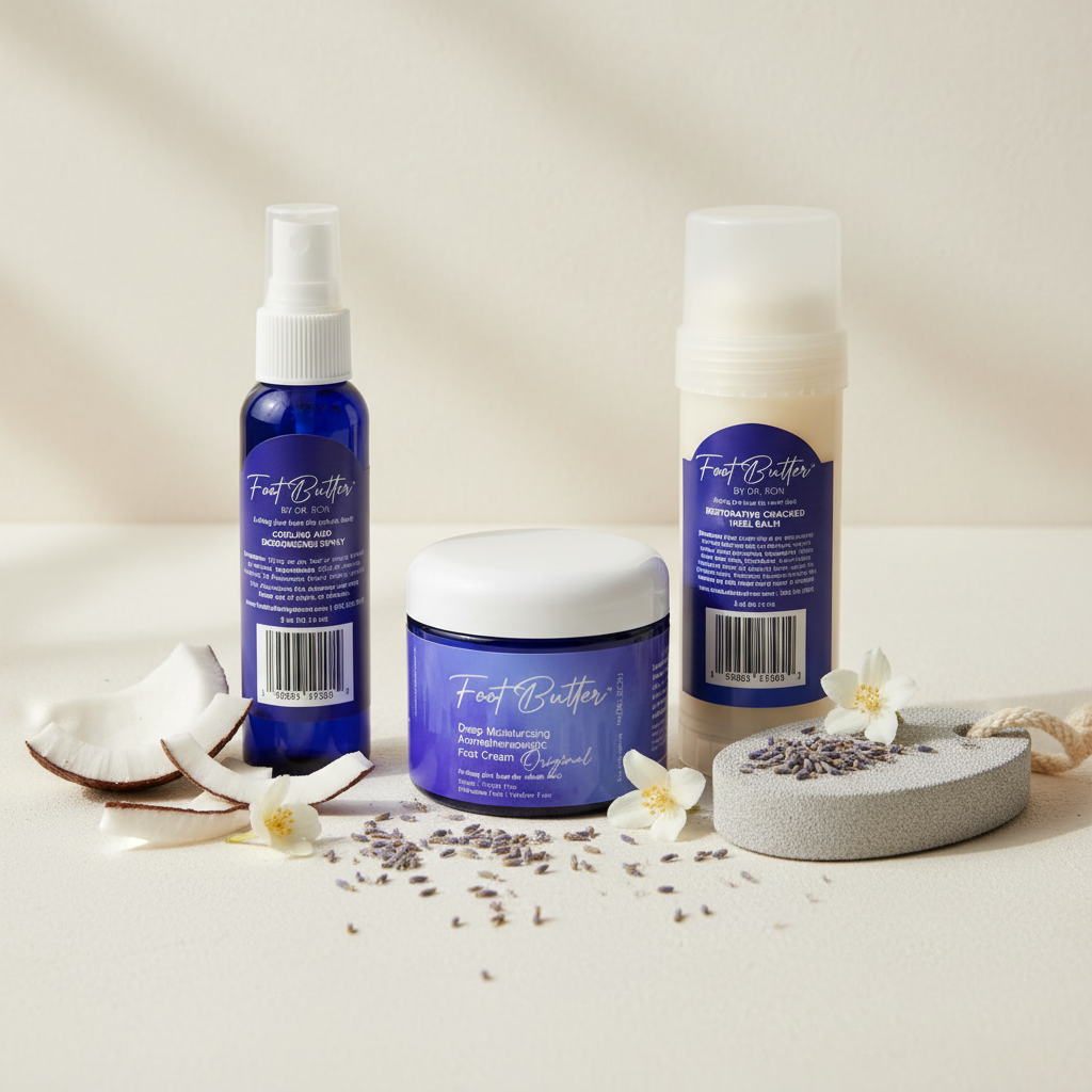 Foot Care Bundle – Lavender Jasmine Foot Butter, Cracked Heel Balm, Cooling Spray & Pumice Scrubber