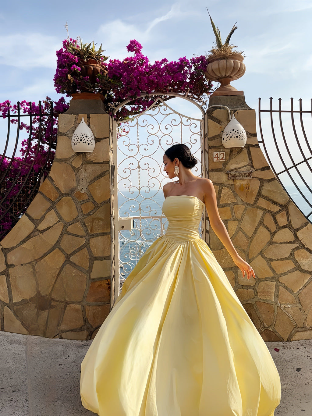French Style Off-Shoulder Split Midi Dress Ruched Waist Slimming A-Line Skirt Vacation