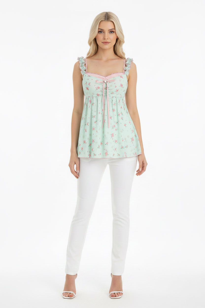 Pure Desire Sweet Floral Camisole Top Women's Mint Green Ruffle Loose Casual