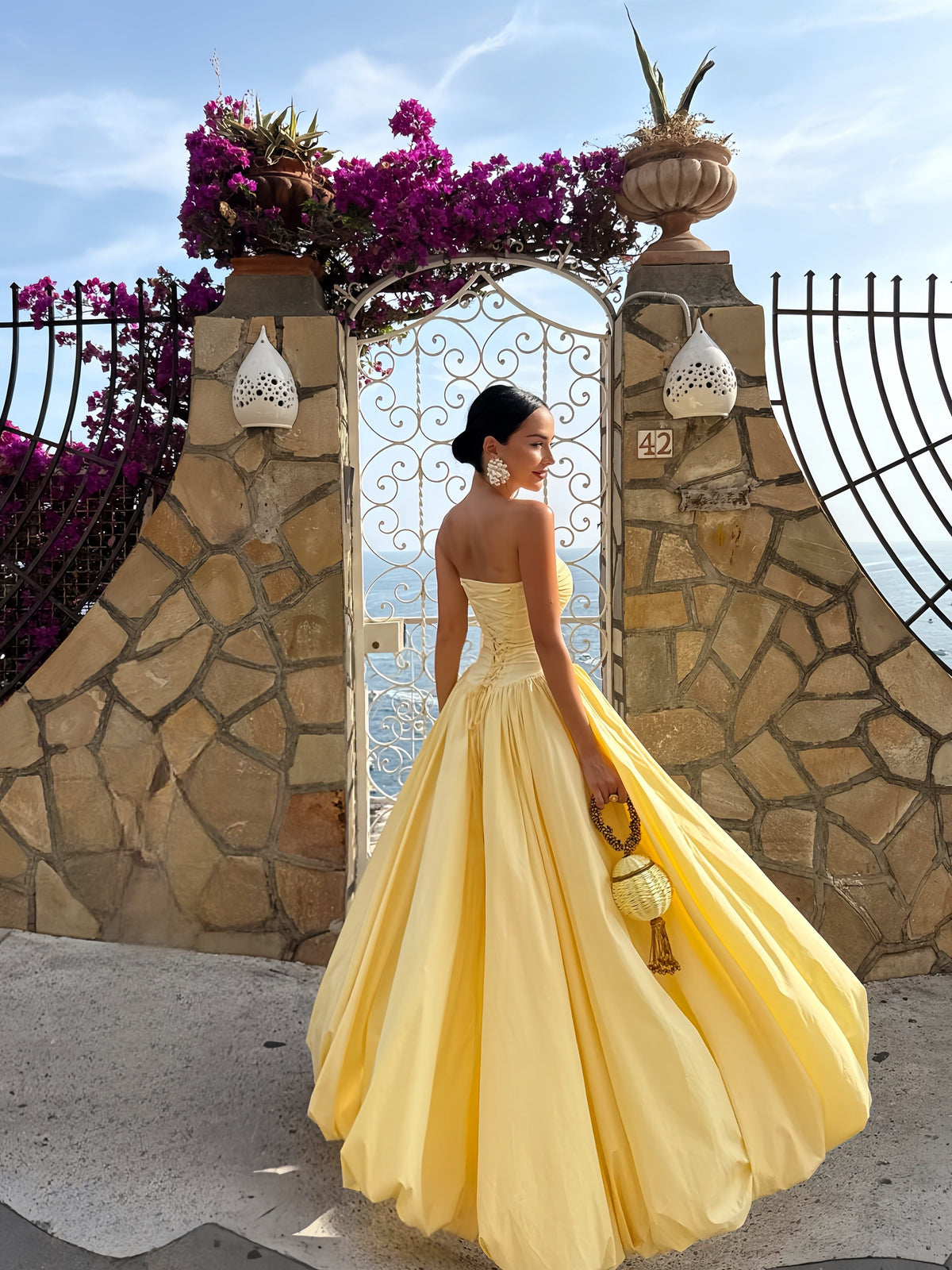 French Style Off-Shoulder Split Midi Dress Ruched Waist Slimming A-Line Skirt Vacation